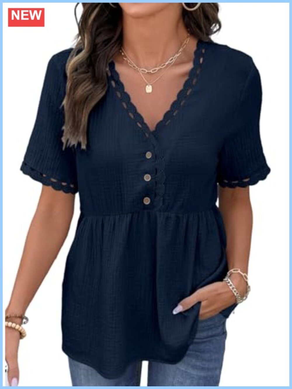 Womens Short Sleeve Babydoll Tunic Top Lace Trim V Neck Cotton Peplum Blouse